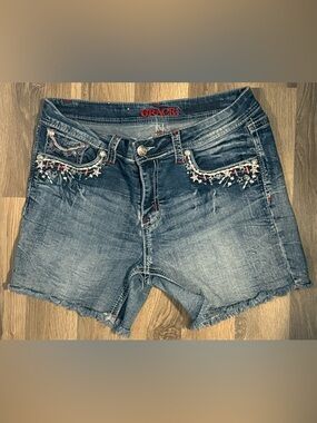 Grace Denim Women's Americana Distressed Blue Embellished Jean Shorts